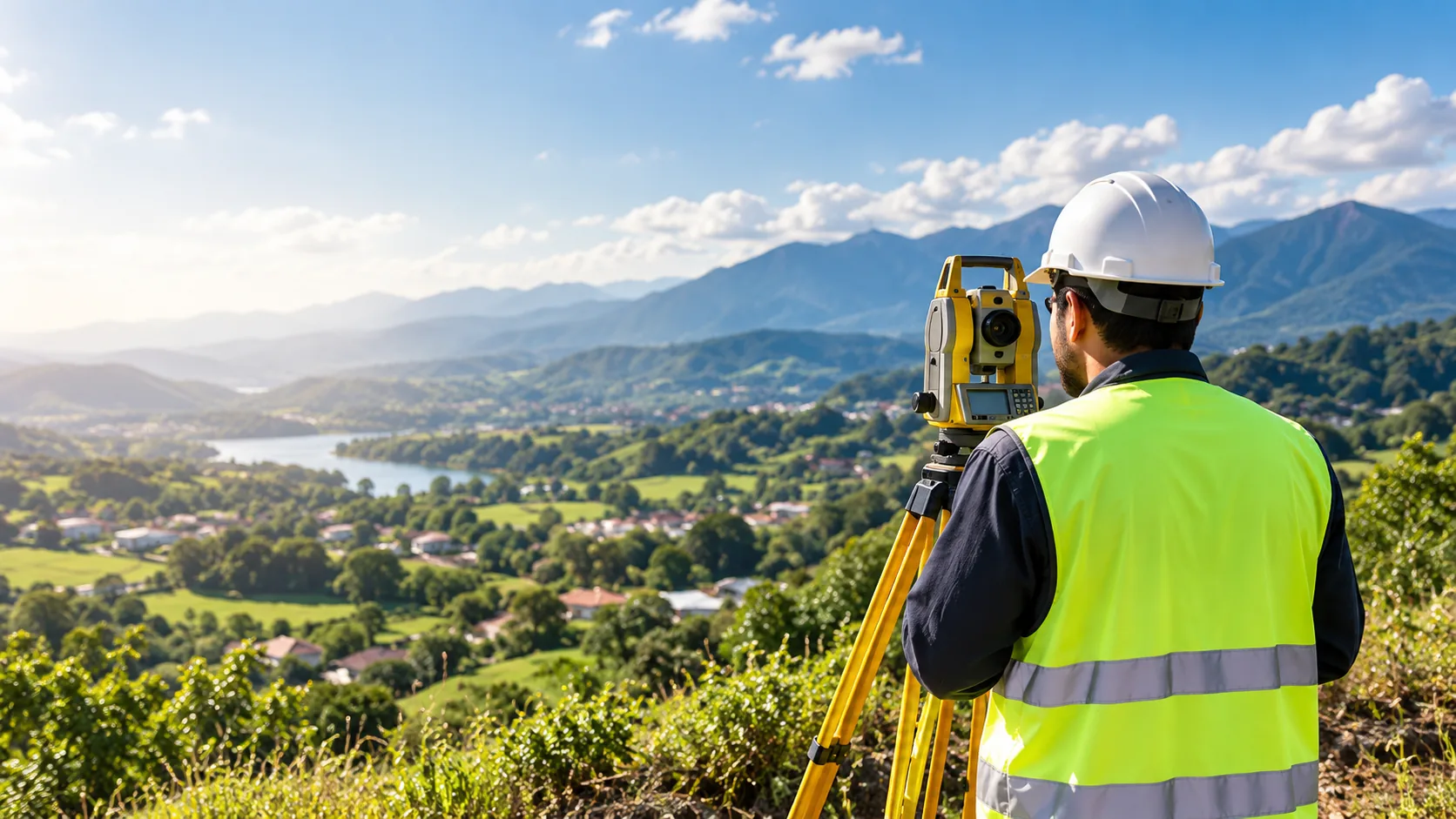 Profissional de topografia com estação total em campo